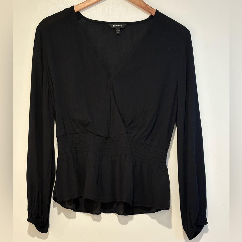 Express Black Smocked Waist Peplum Blouse – Size Small Petite